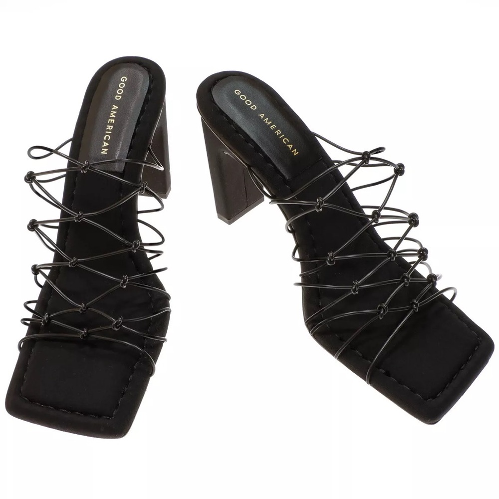 Good American Heels Black Sandals Caged Neoprene NIB Size 8.5